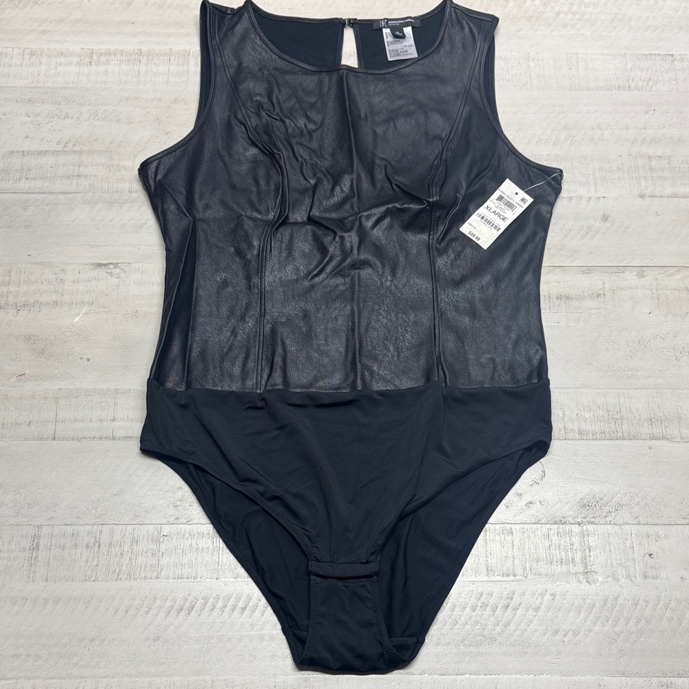 INC International Concepts Black Faux Leather Sleeveless Bodysuit nwt